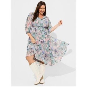 Torrid Women's Floral Print Maxi Dress Tie Neck Elastic Waist Flowy -Size 00
